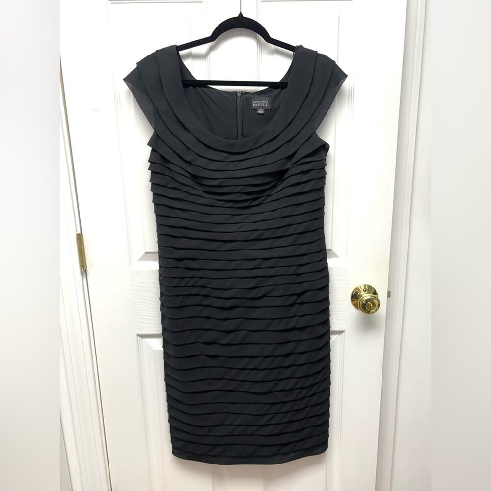 Adrianna Papell Dress Black Cocktail On or Off Shoulder, Below Knee, Size 12